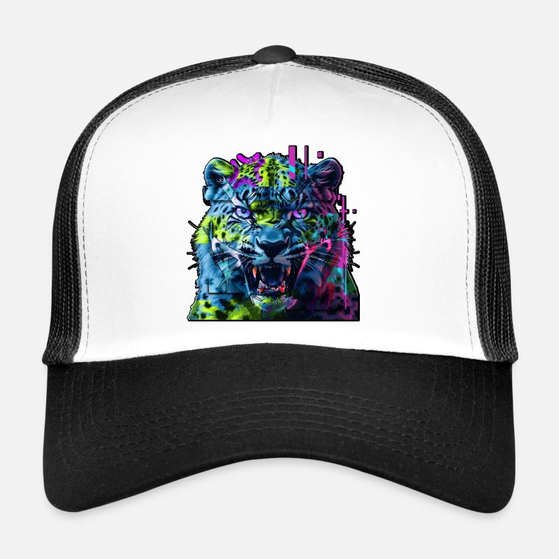 Techno Neon Leopard – Glitchcore Art Trucker Cap