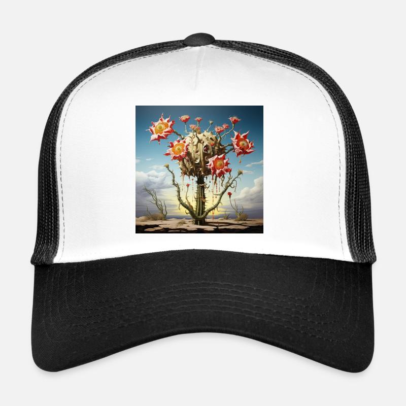 S surrealer Kaktus mit riesigen Blüten - Trucker Cap - Weiß/Schwarz