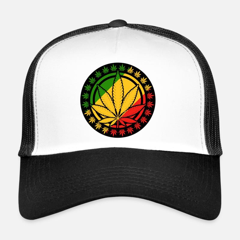 Une feuille de cannabis à l'intérieur d'un cercle rouge jaune vert Casquette trucker 