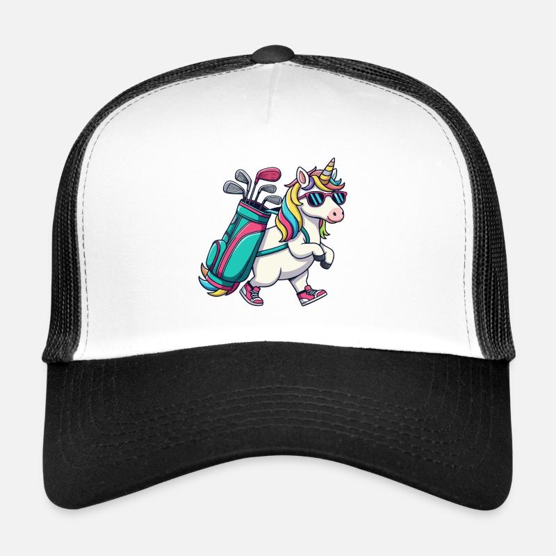 Lustiger Einhorn-Golfer Cartoon Cooles Golftier Trucker Cap