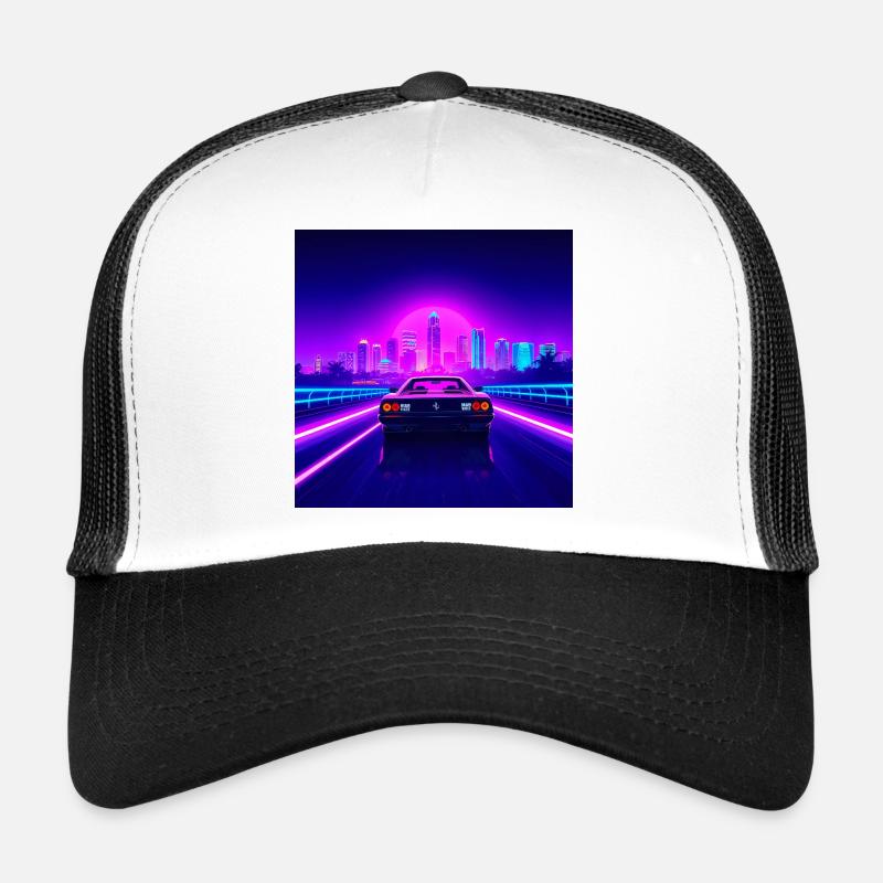 Skyline néon et cabriolet rétro - Casquette trucker  - blanc/noir
