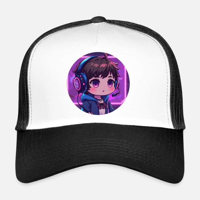 Chibi de jeu Neon avec casque Casquette trucker 