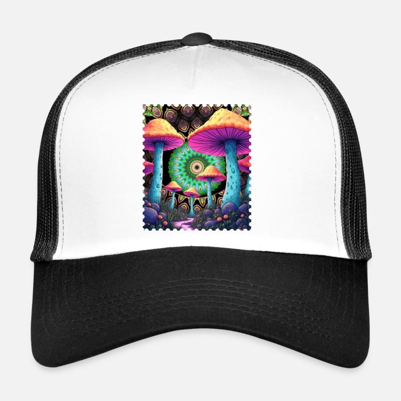 Champignons psychédéliques dans la forêt de mandala - Casquette trucker  - blanc/noir