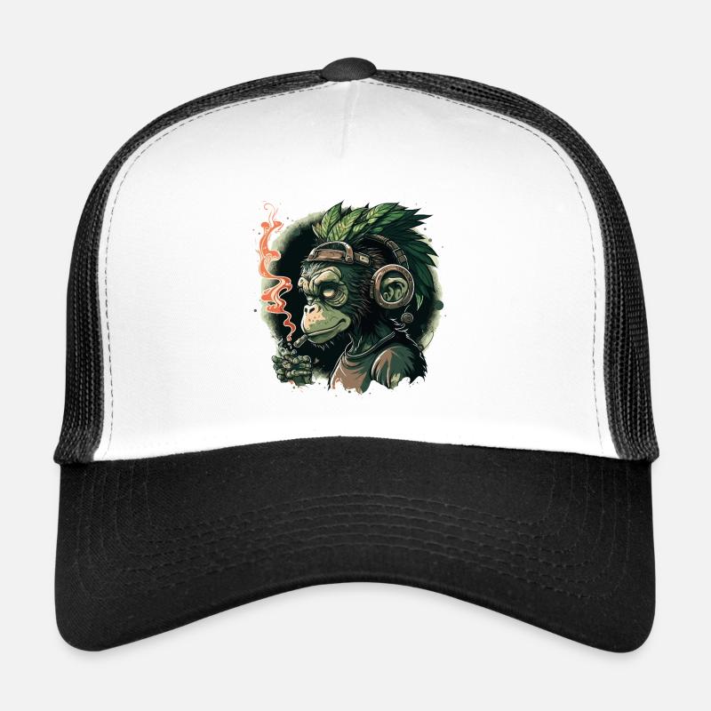 Gorilla mit Kopfhörern und Rauch Trucker Cap