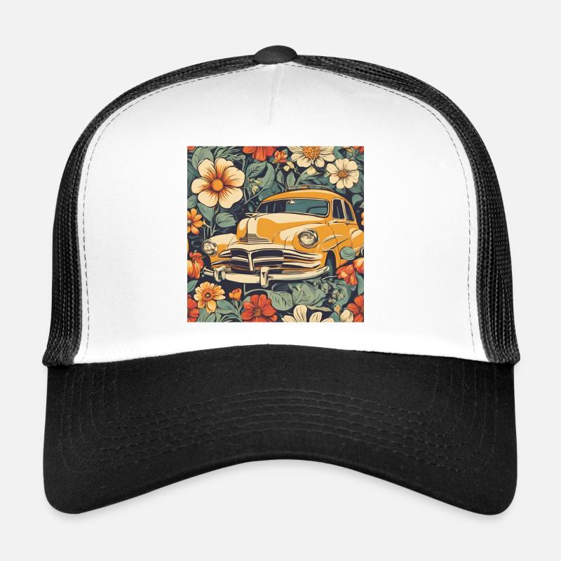 Voiture ancienne dans le cosmos fleuri Casquette trucker 