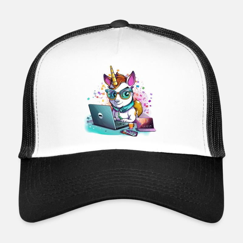 Laptop-Unicorn mit Brille und Glitzer Trucker Cap