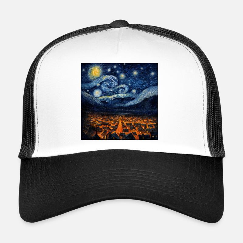 Wirbelnde Nacht über leuchtendem Dorf - Trucker Cap - Weiß/Schwarz