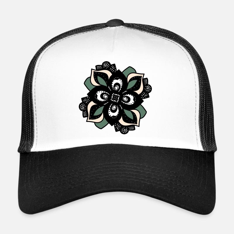 Blütenmandala Grün-Peach - Trucker Cap - Weiß/Schwarz