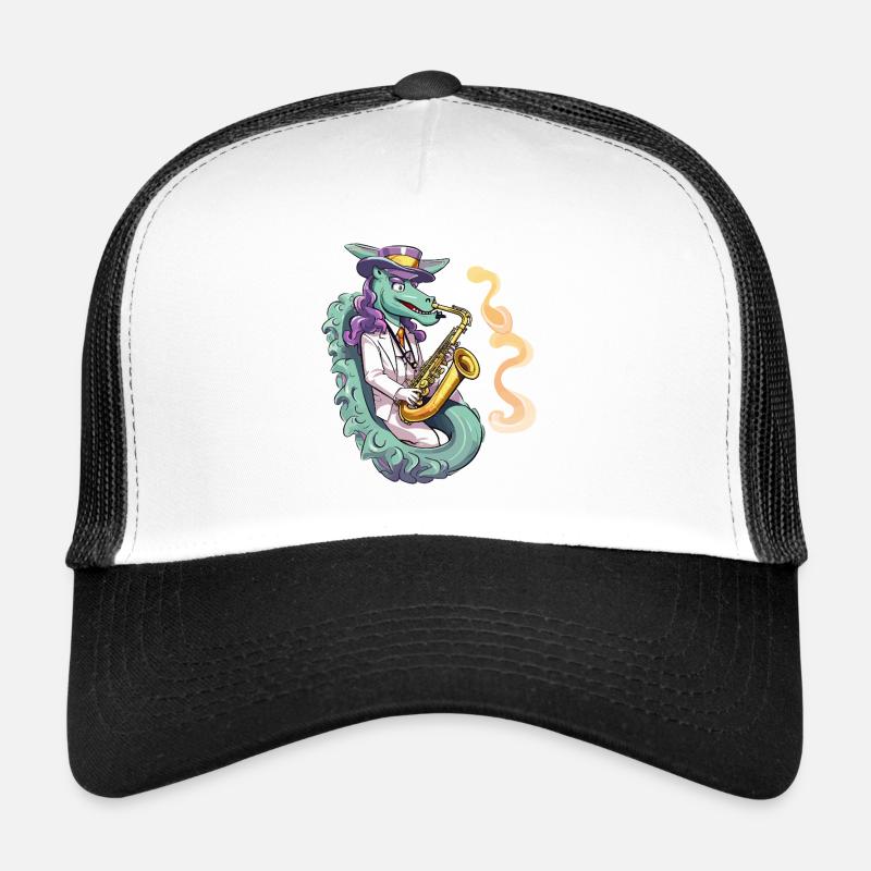 Drachen-Saxophonist im Smoking Trucker Cap