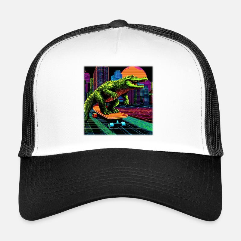 Pixel Art Krokodil – Retro Skater Synthwave Trucker Cap