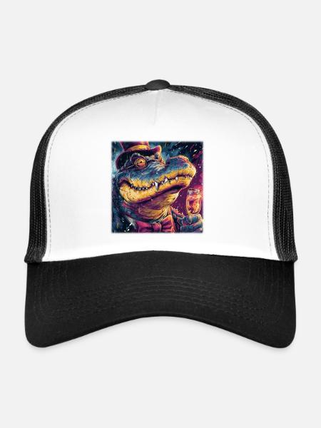Gentleman Crocodile with Top Hat & Champus - Trucker Cap - white/black - Front