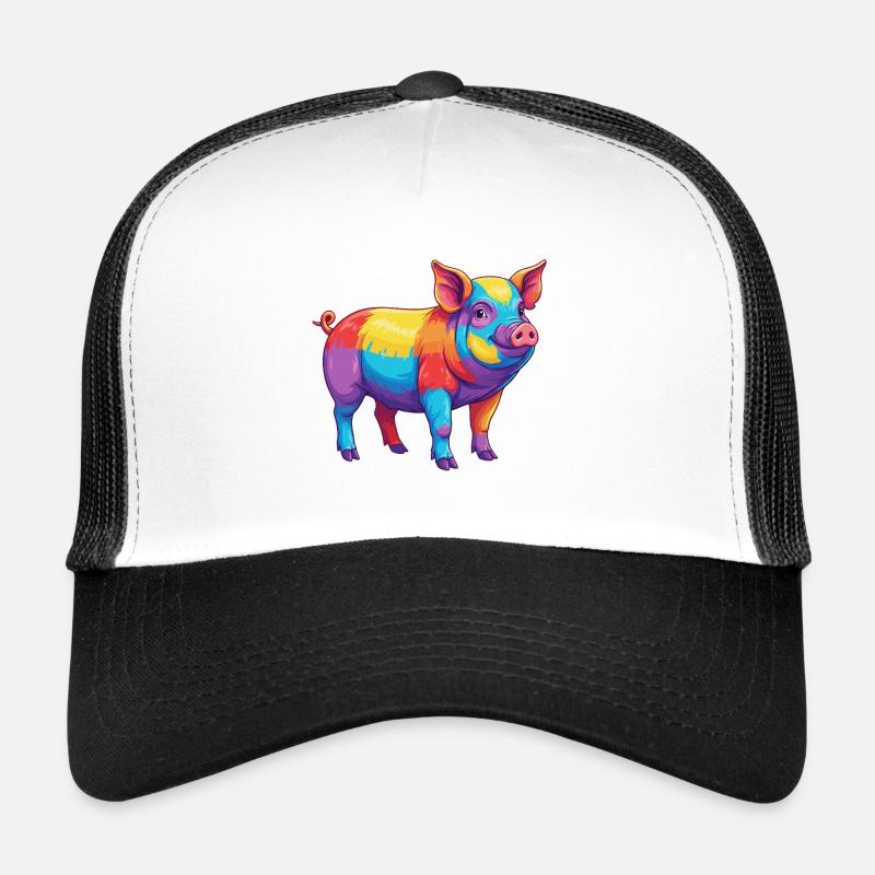 Buntes Schwein-Regenbogen-Pop-Art-Aquarell - Trucker Cap - Weiß/Schwarz