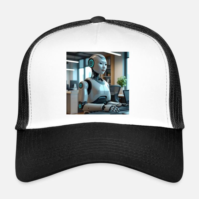 Humanoid robot in blue office Trucker Cap