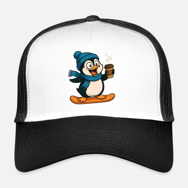 Le Pingouin des Neiges avec Café et Écharpe - Casquette trucker  - blanc/noir