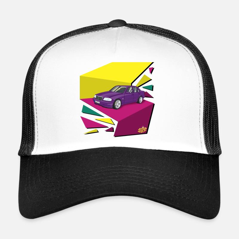 Lila Auto im Neon-Geomuster  - Trucker Cap - Weiß/Schwarz