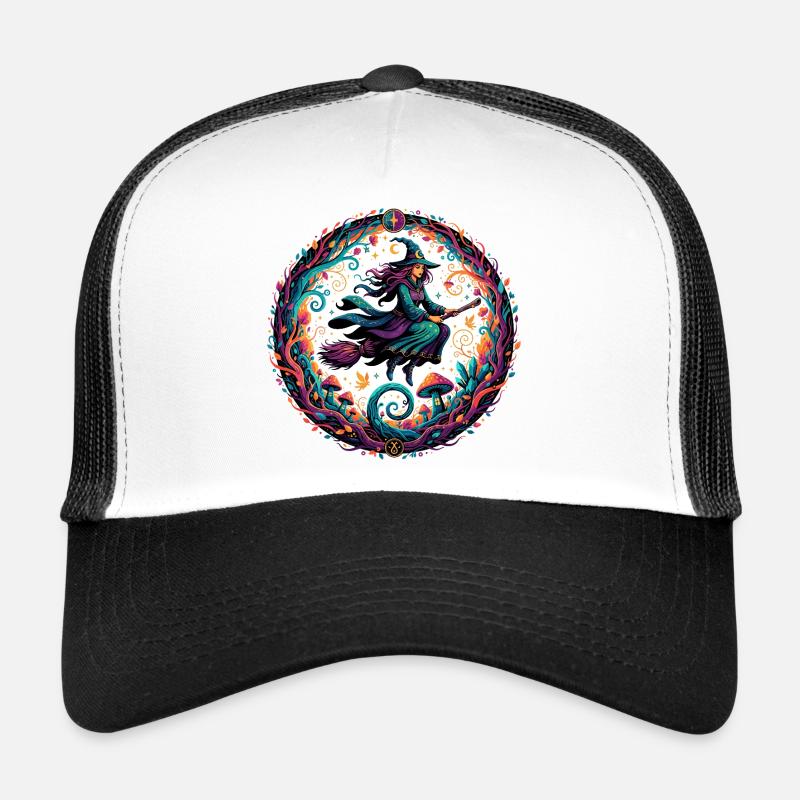 Witch magic in the forest Witch on broom in the enchanted forest Trucker Cap