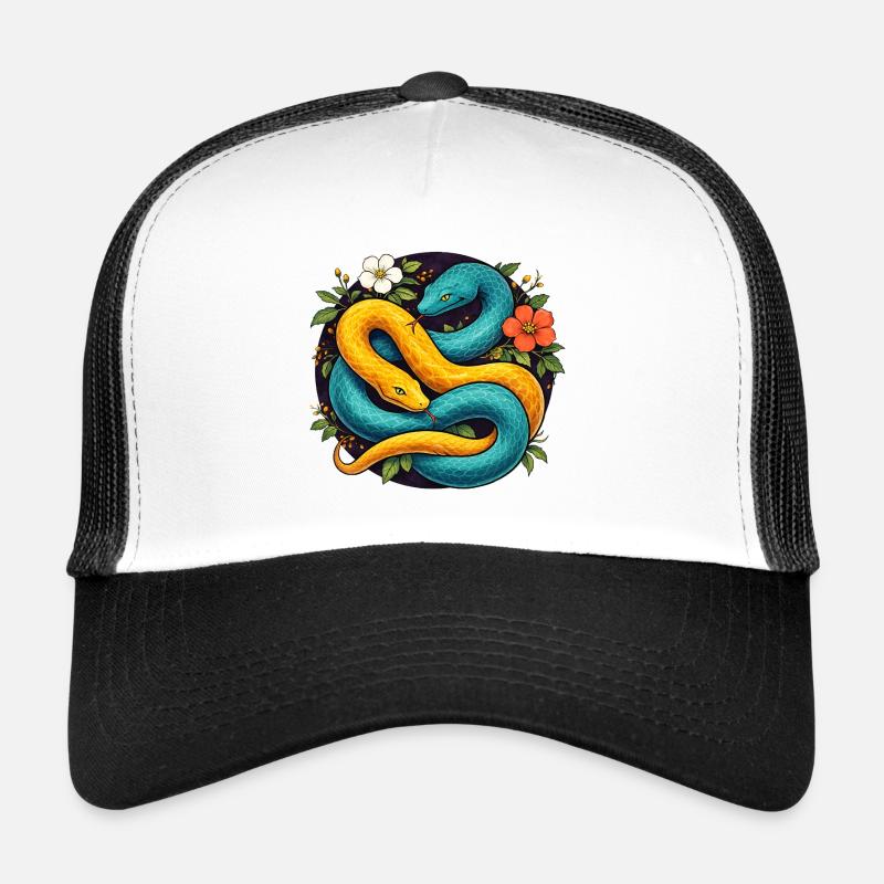 Zwei Pythonschlangen im Blütenring - Trucker Cap - Weiß/Schwarz
