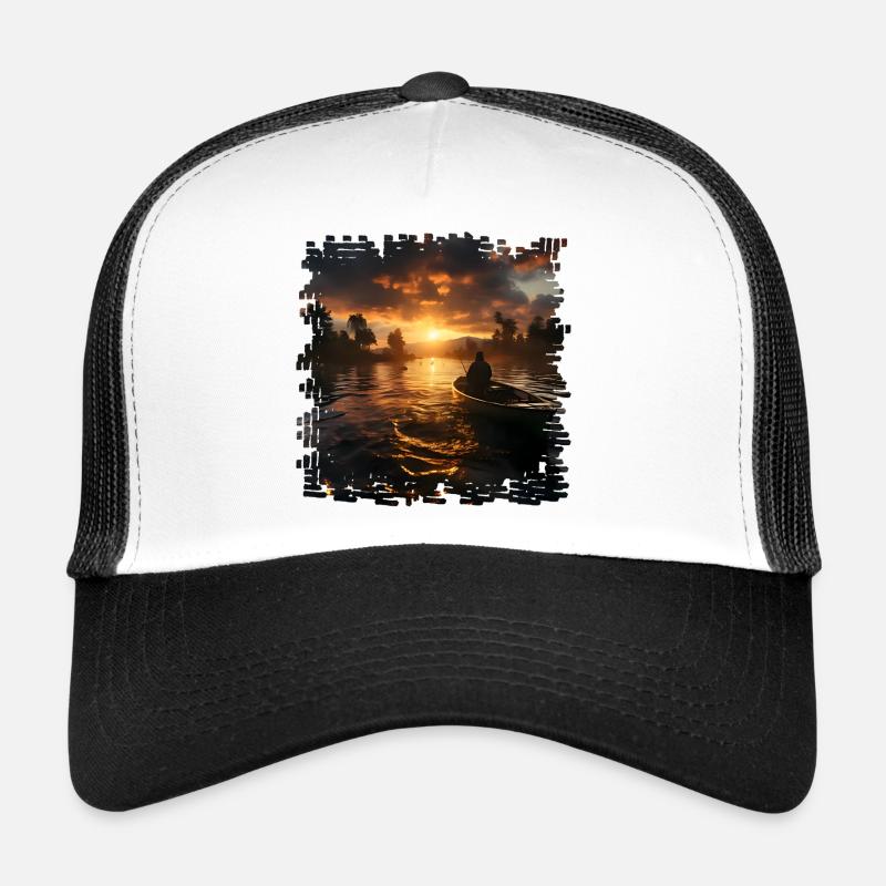 Coucher de soleil sur le lac avec pêcheurs en bateau Casquette trucker 