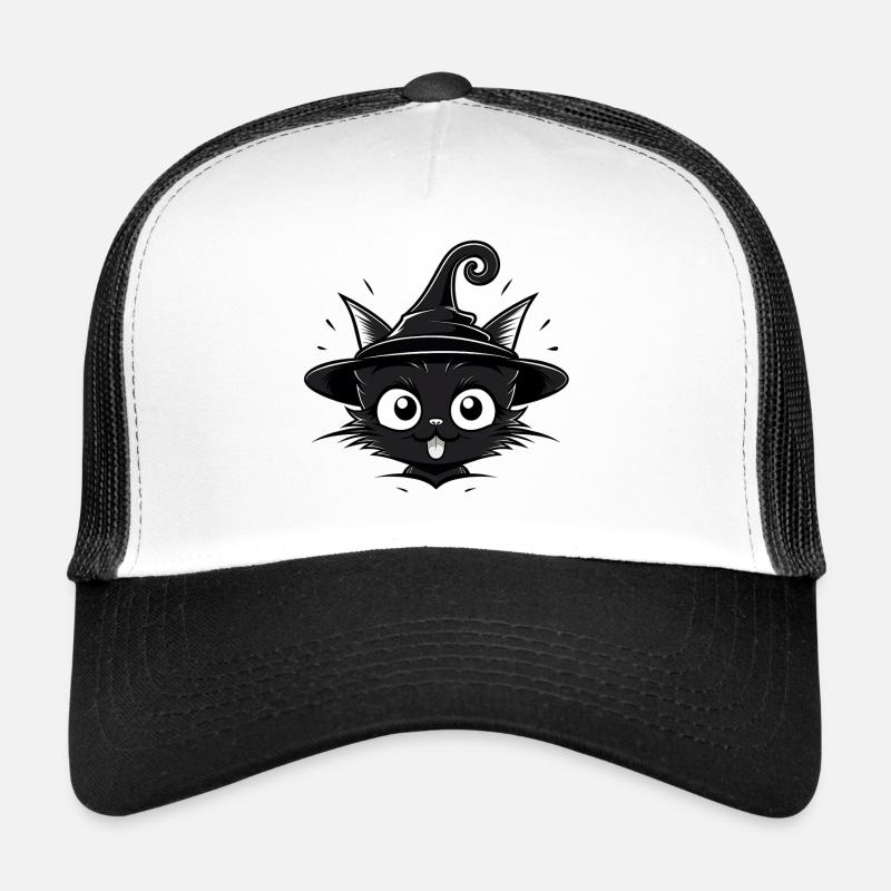 Black Cat Sorceress with Witch Hat - Cat - Trucker Cap - white/black