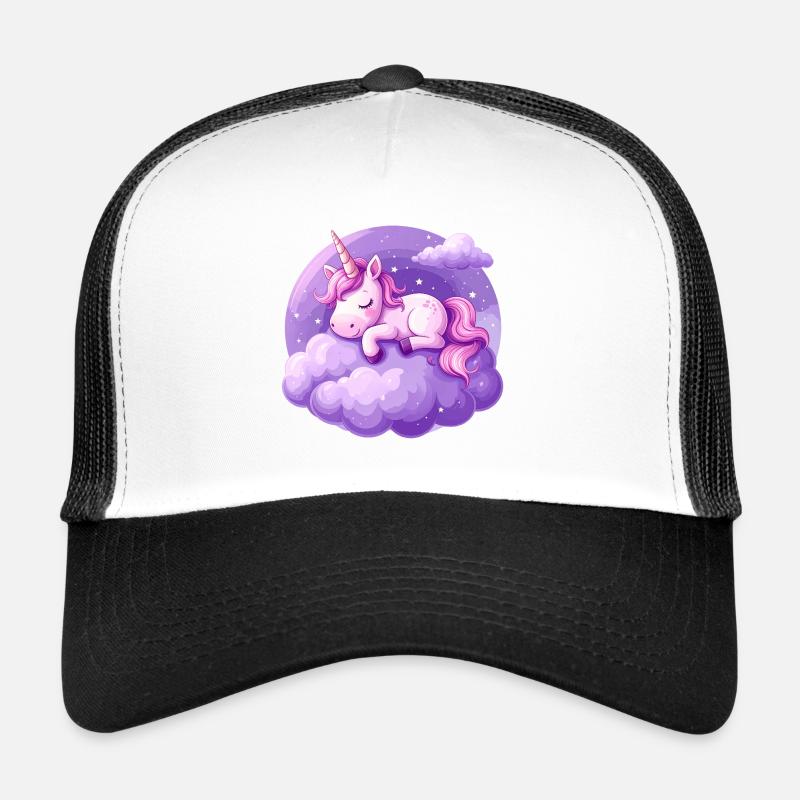 Rosa Einhorn schläft auf einer lila Wolke Trucker Cap