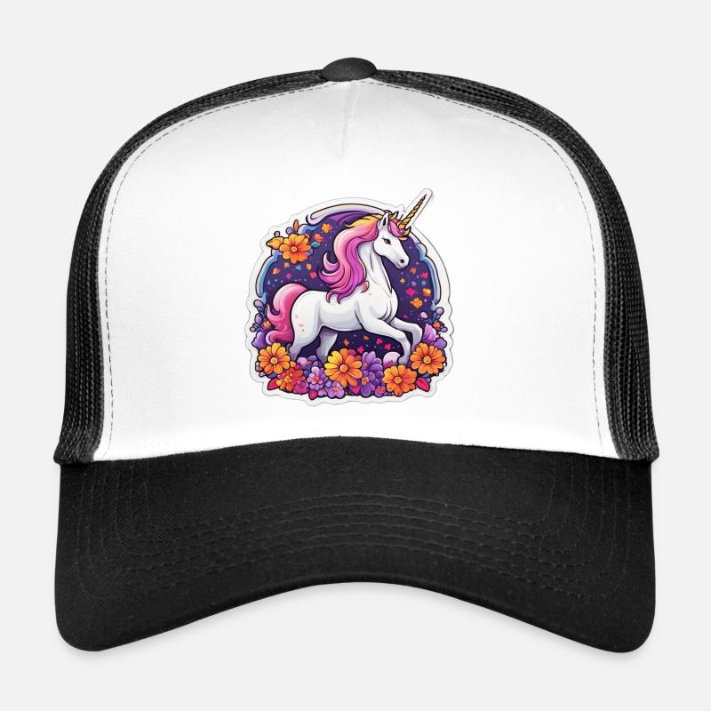 Bright unicorn surrounded by cosmos flowers Trucker Cap