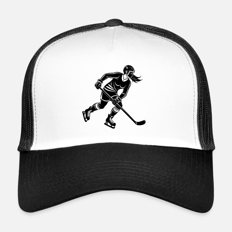 Weibliche Eishockeyspielerin läuft mit dem Puck Trucker Cap