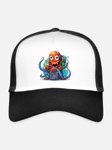 Poulpe voyageuse avec le globe - Casquette trucker  - blanc/noir - Devant