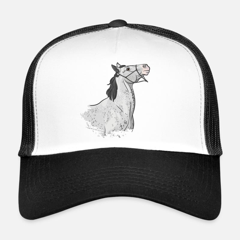 The head of a grey horse pulling on its lunge Trucker Cap