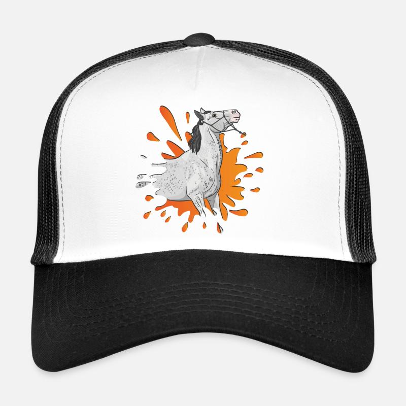 Ein graues Pferd in einem orangefarbenen Tintenklecks Trucker Cap