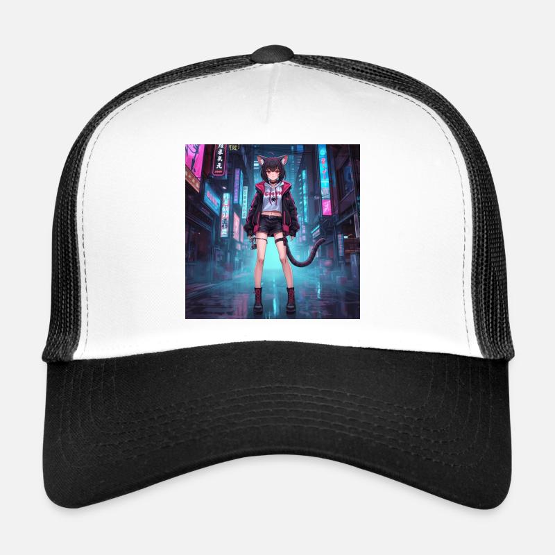 Chat néon dans le quartier cyber Casquette trucker 