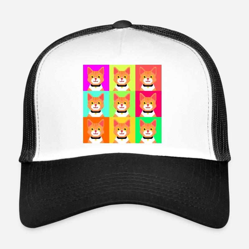 Pop Art Pixel Ginger Katzen-T-Shirt – Retro Bunt - Trucker Cap - Weiß/Schwarz