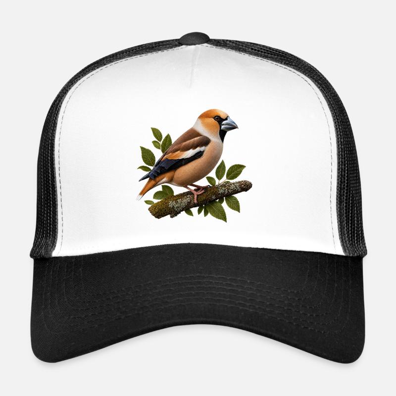 Hawfinch on mossy branch – true-to-life Illust Trucker Cap