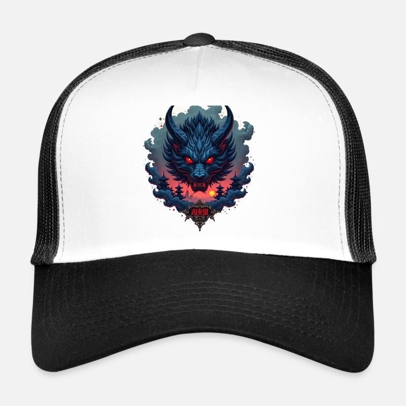 Shadow Oni – Japanischer Dämonenwolf - Trucker Cap - Weiß/Schwarz