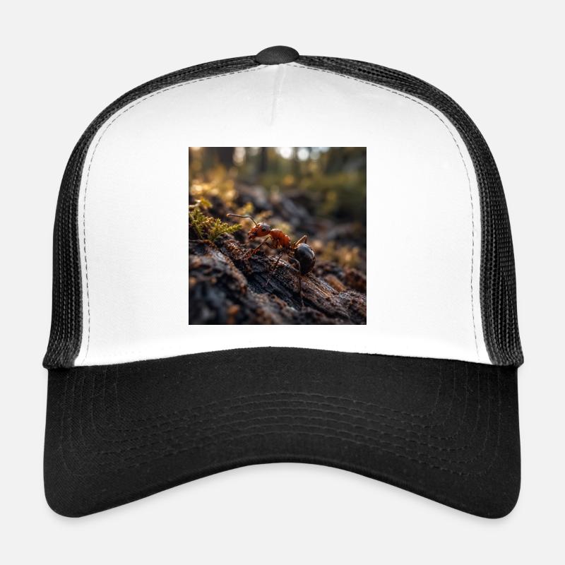 Rote Ameise auf Holz unter Moos Trucker Cap