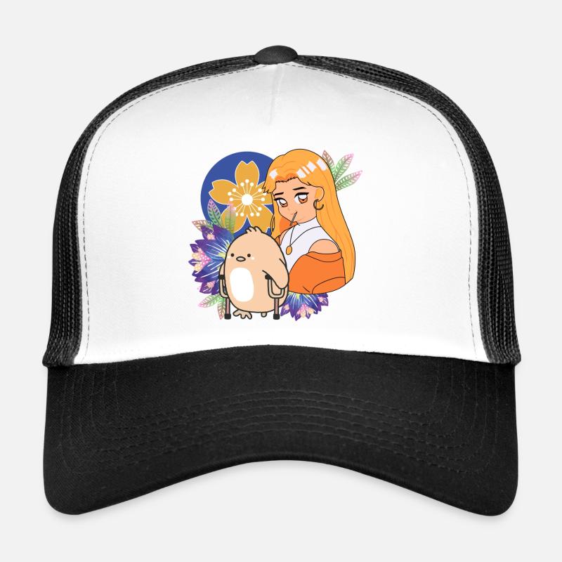 Anime-Mädchen und Vogel mit Krücken-Kunst Trucker Cap