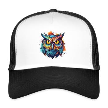 Bunte Eule im Cartoon Style Boho Indie - Trucker Cap - Weiß/Schwarz - Vorne