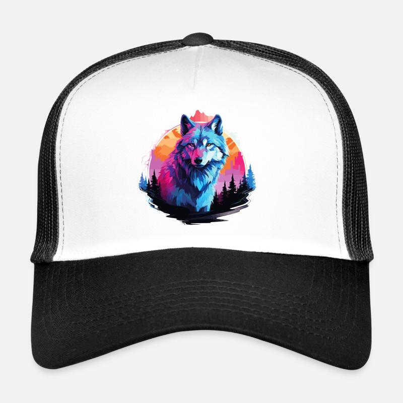 Wolf Wolfskopf Wölfe Wolfsrudel Natur Neon Bunt - Trucker Cap - Weiß/Schwarz