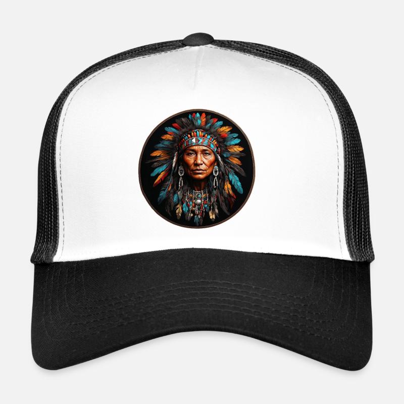 American Native mit buntem Federschmuck - Trucker Cap - Weiß/Schwarz