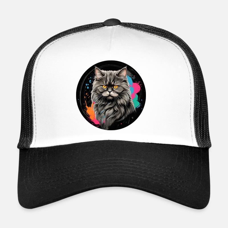 Portrait mignon de chat persan avec des éclaboussures de couleur Casquette trucker 