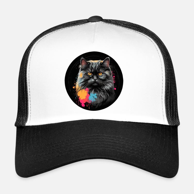 Portrait mignon de chat persan avec des éclaboussures de couleur Casquette trucker 