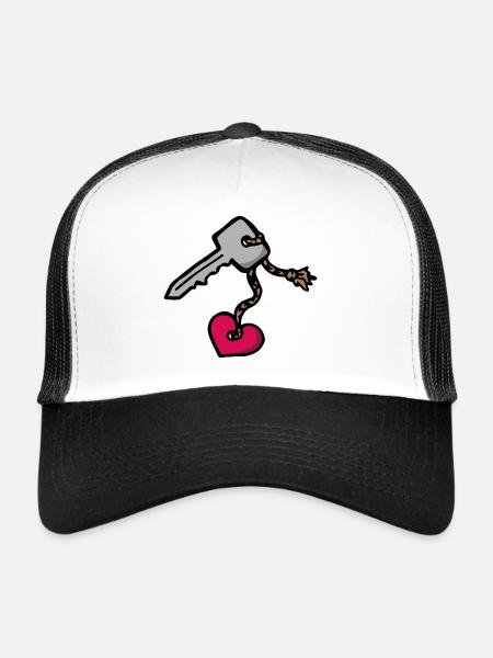 Clé avec porte-clés de cœur Déclaration d’amour - Casquette trucker  - blanc/noir - Devant