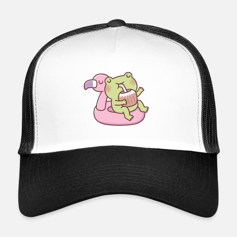 Cute Frog Chilling On Flamingo Pool Float Trucker Cap