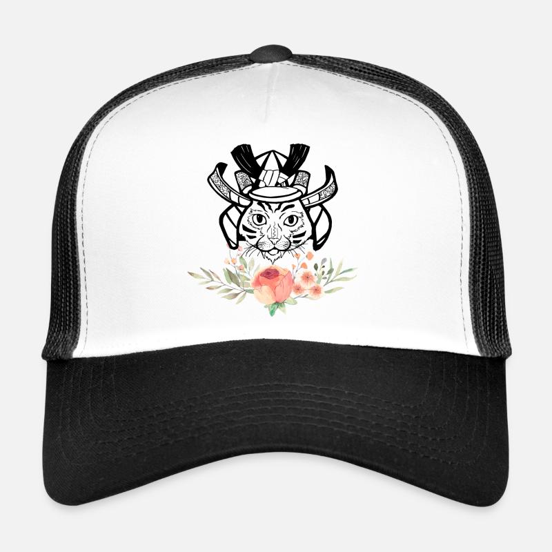 Chat samouraï suspendu mignon avec des fleurs Casquette trucker 