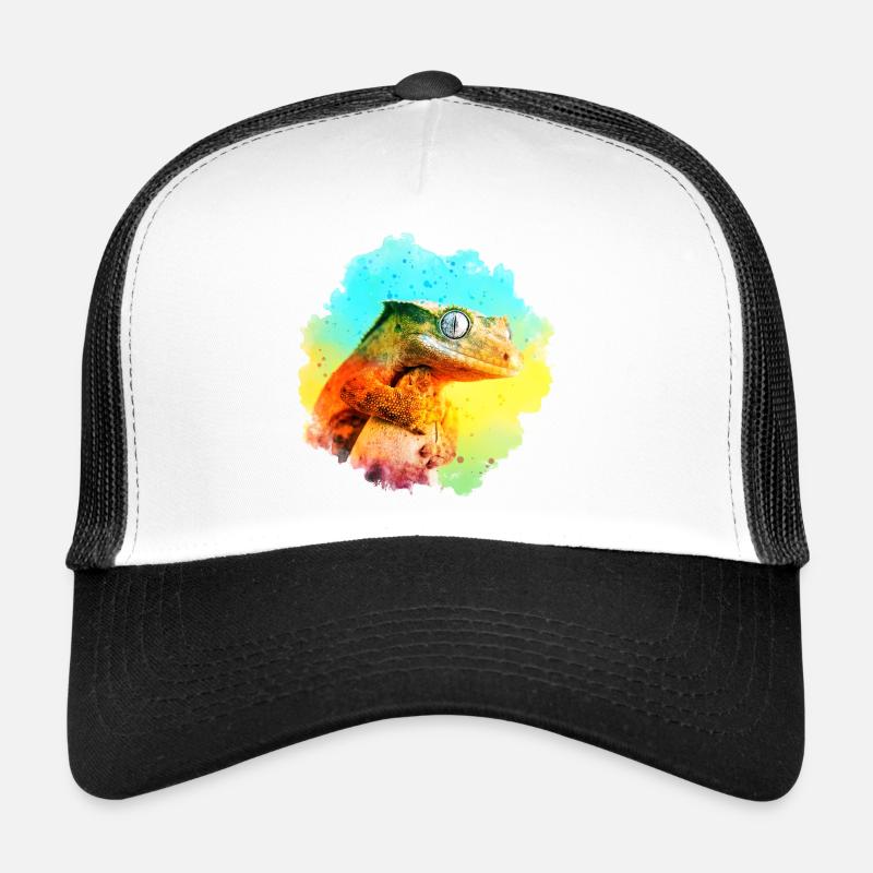 Crested Gecko Reptile Keeper Lizard Watercolor Des - Trucker Cap - white/black
