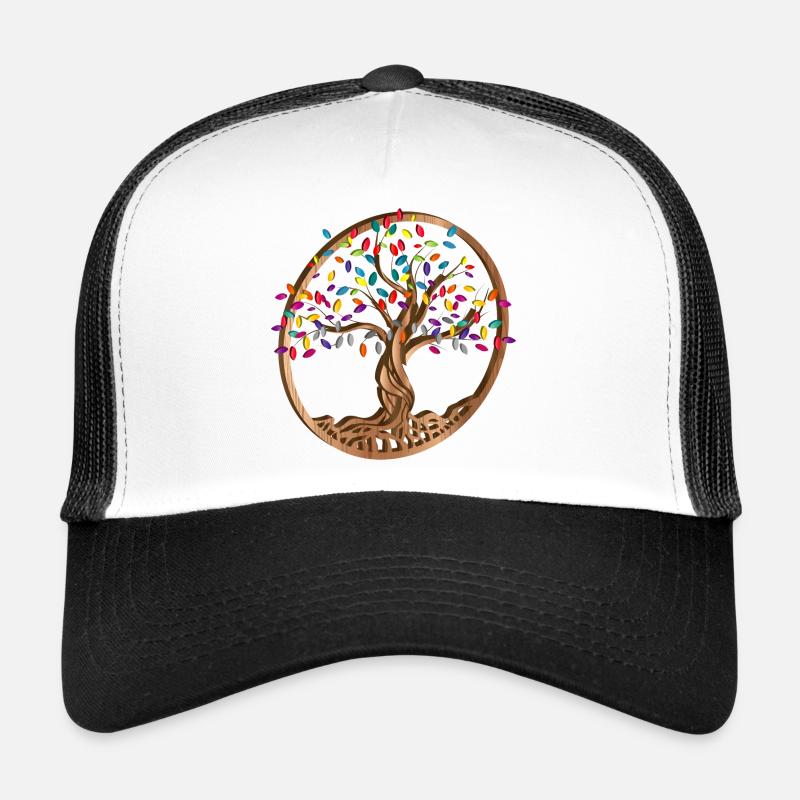 Médaillon d’arbre avec des feuilles colorées en aspect bois Casquette trucker 