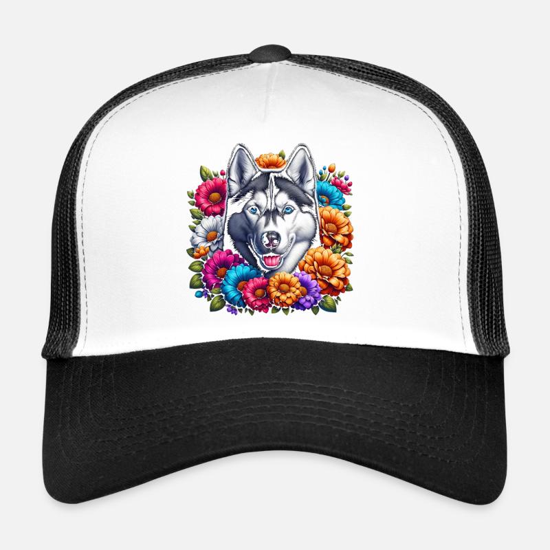 Husky and Floral Pattern Trucker Cap