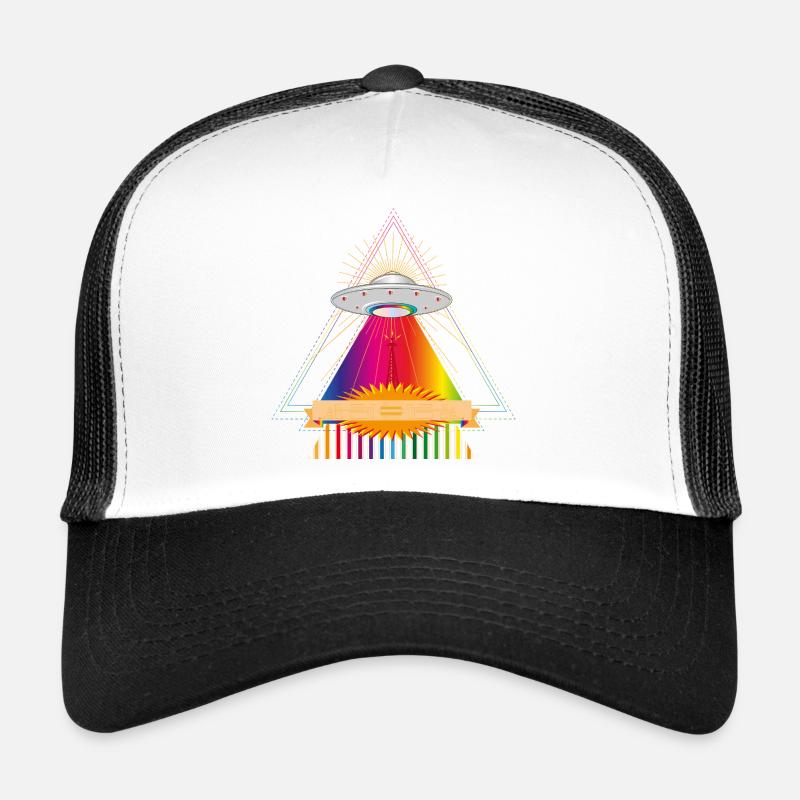 UFO over a glowing rainbow triangle Trucker Cap