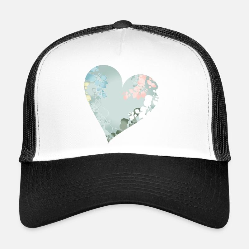 Pastellfarbenes Herz mit floralem Muster - Trucker Cap - Weiß/Schwarz