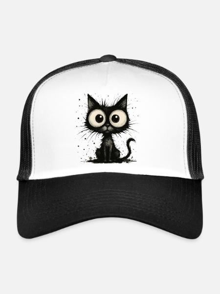Funny black cat with big eyes – splash - Trucker Cap - white/black - Front