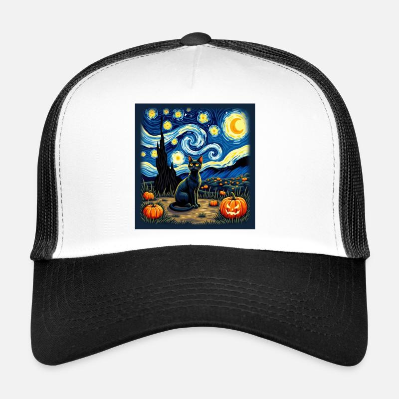 Halloween Cat – Van Gogh Style with Pumpkins - Trucker Cap - white/black